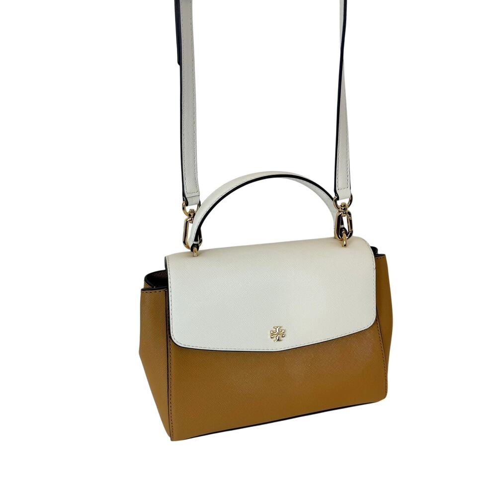 Tory Burch Emerson Top Handle Colorblock Bag Tiramisu New Ivory Saffiano Leather